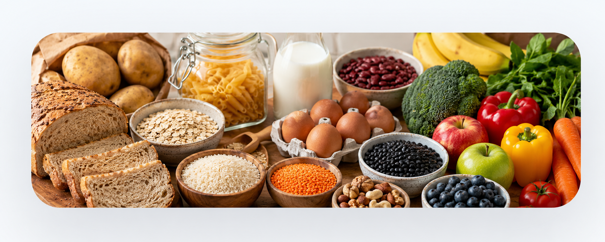 Everyday food staples including bread, rice, pasta, oats, eggs, beans, fruit and vegetables