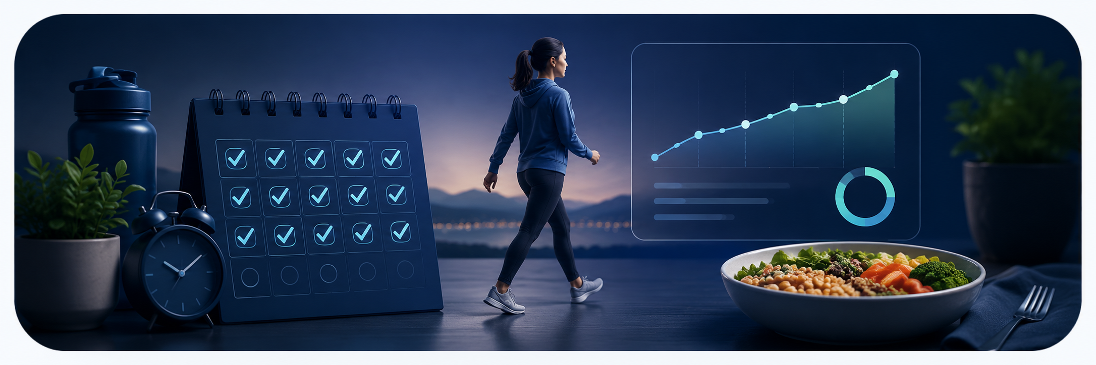 Healthy lifestyle illustration showing repeatable habits, walking, meal choices and progress tracking